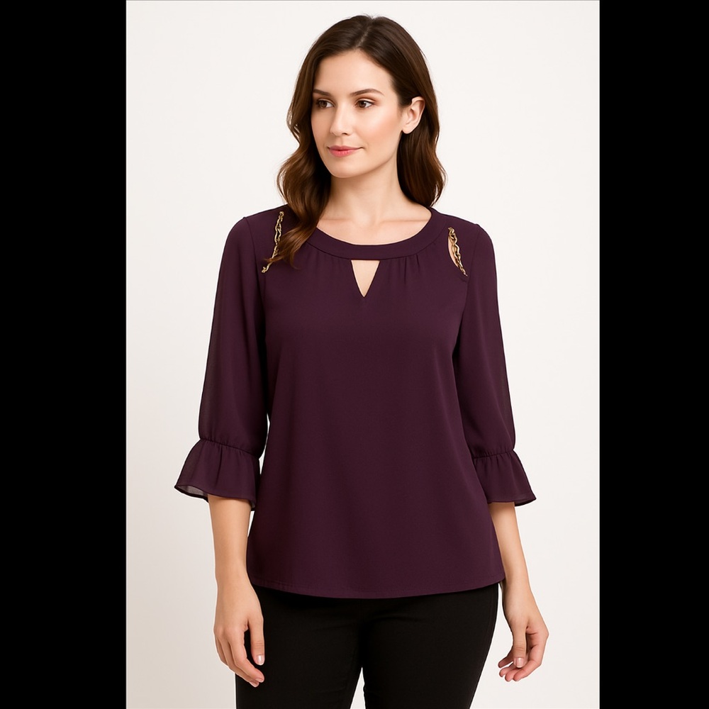 Purple Ruffled Blouse with Bell Sleeves and Shoulder Cutouts